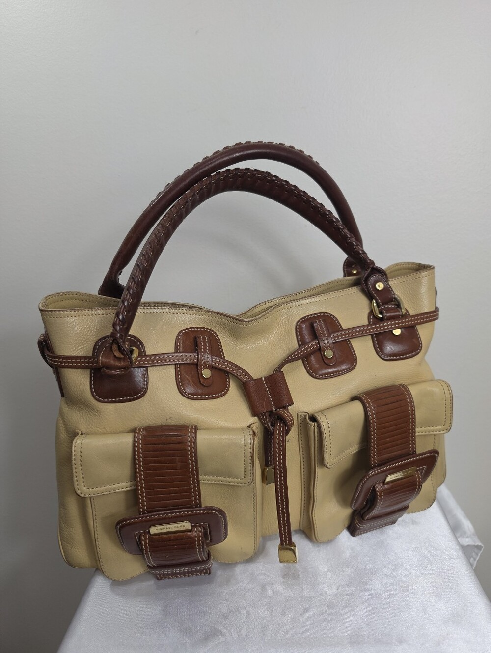 Michael Kors Beige and Brown Leather Dual-Pocket Satchel Crossbody